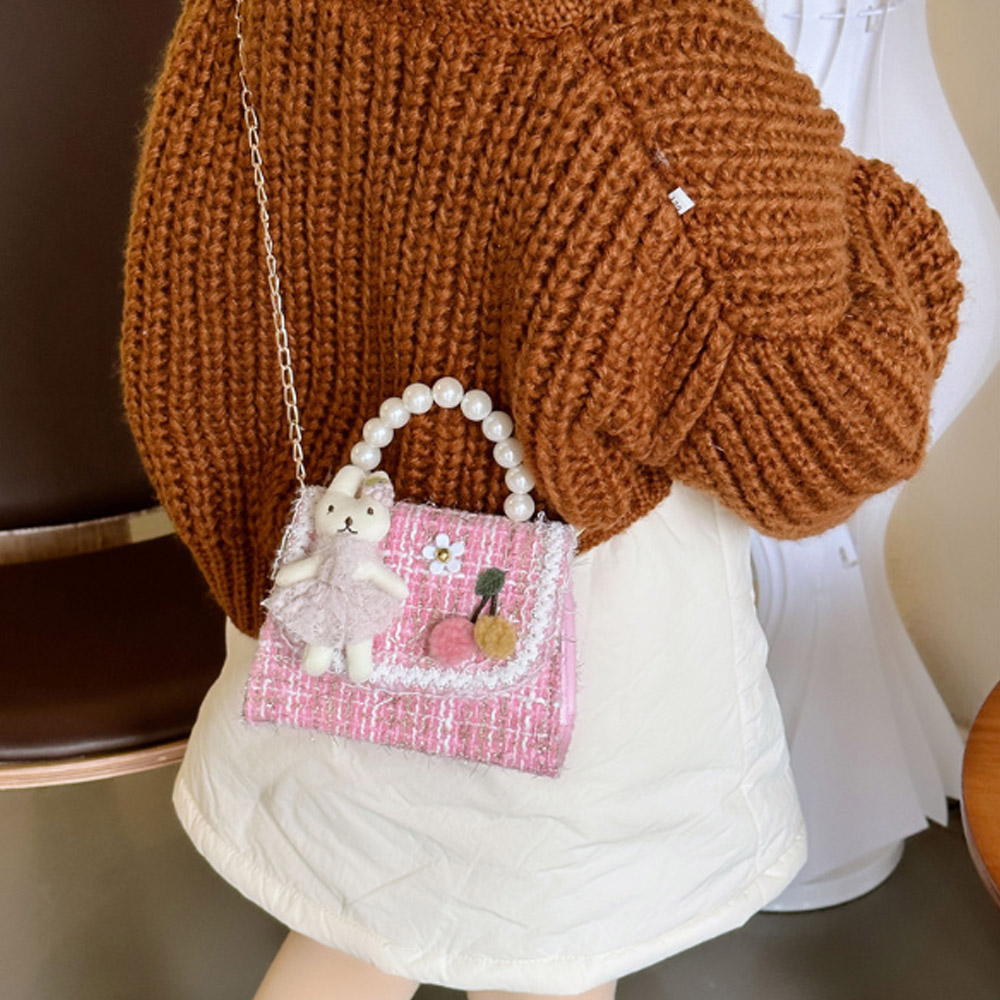 Jpqueen 可愛兔子櫻桃百搭兒童珍珠手提鍊條斜背包(8色