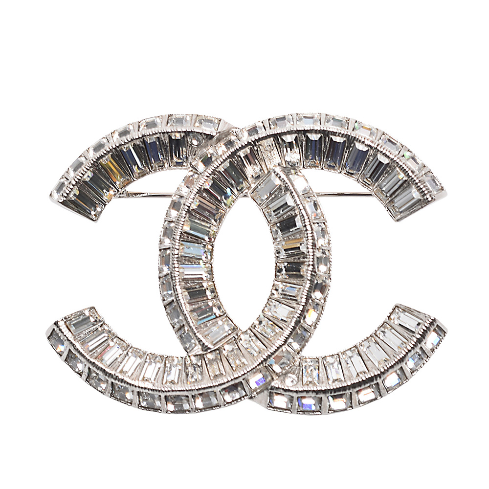 CHANEL 香奈兒 經典寶石鑲飾雙C LOGO造型胸針(銀