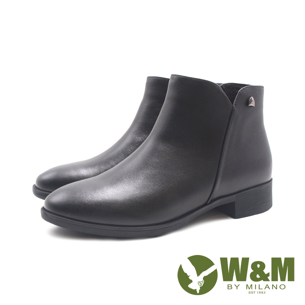 W&M 女 質感銀釦V口內拉鍊低跟女靴 女鞋(黑色)好評推薦