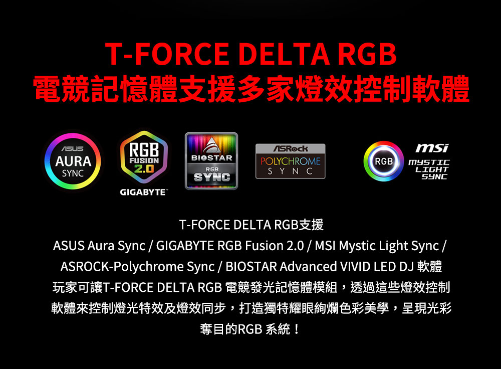 電競記憶體支援多家燈效控制軟體 TFORCE DELTA RGB支援 玩家可讓TFORCE DELTA RGB 電競發光記憶體模組,透過這些燈效控制 軟體來控制燈光特效及燈效同步,打造獨特耀眼絢爛色彩美學,呈現光彩 奪目的RGB 系統 