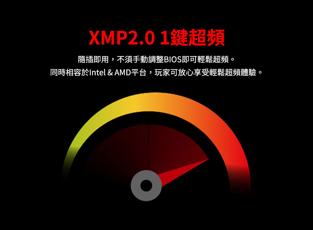 XMP2.0 1鍵超頻 隨插即用,不須手動調整BIOS即可輕鬆超頻。 同時相容於Intel AMD平台,玩家可放心享受輕鬆超頻體驗。 