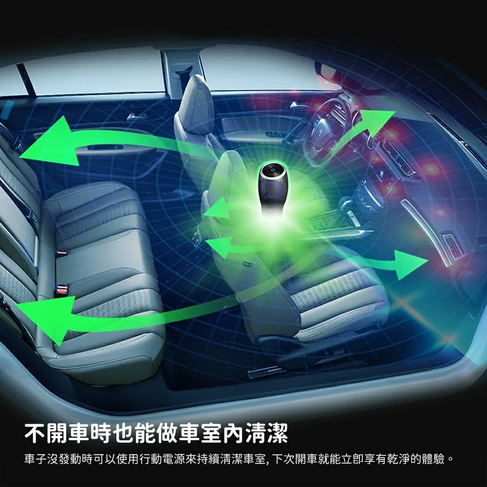 不開車時也能做車室內清潔 車子沒發動時可以使用行動電源來持續清潔車室,下次開車就能立即享有乾淨的體驗。 