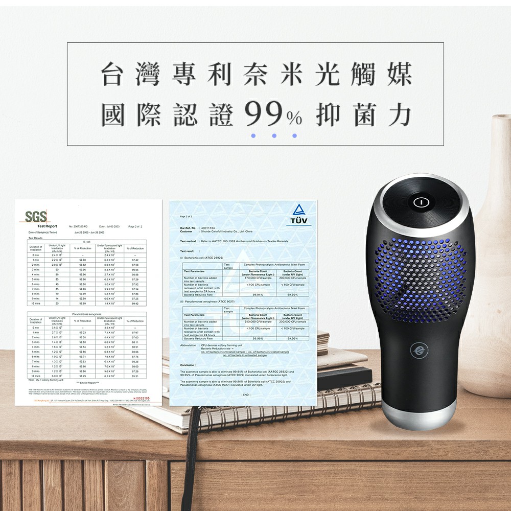 台灣專利奈米光觸媒 國際認證99%抑菌力 