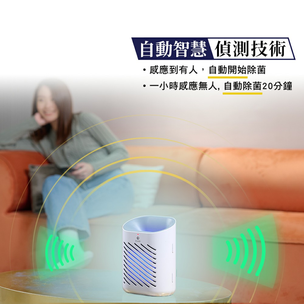 自動智慧 偵測技術 感應到有人,自動開始除菌 一小時感應無人, 自動除菌20分鐘 