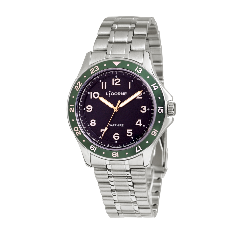 LICORNE 潛水風格 深綠錶圈 不鏽鋼男仕手錶 銀X黑 