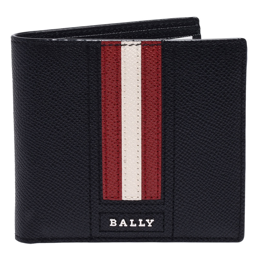 BALLY 經典紅白紅條紋荔枝紋牛皮摺疊包短夾(黑X紅622