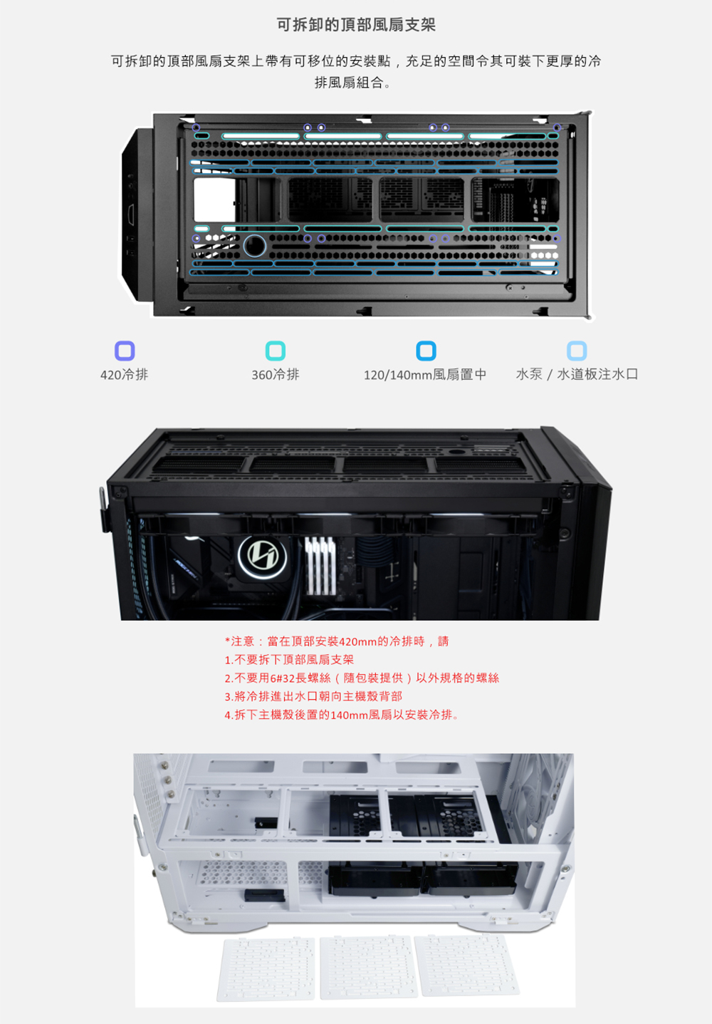 可拆卸的頂部風扇支架上帶有可移位的安裝點,充足的空間令其可裝下更厚的冷
