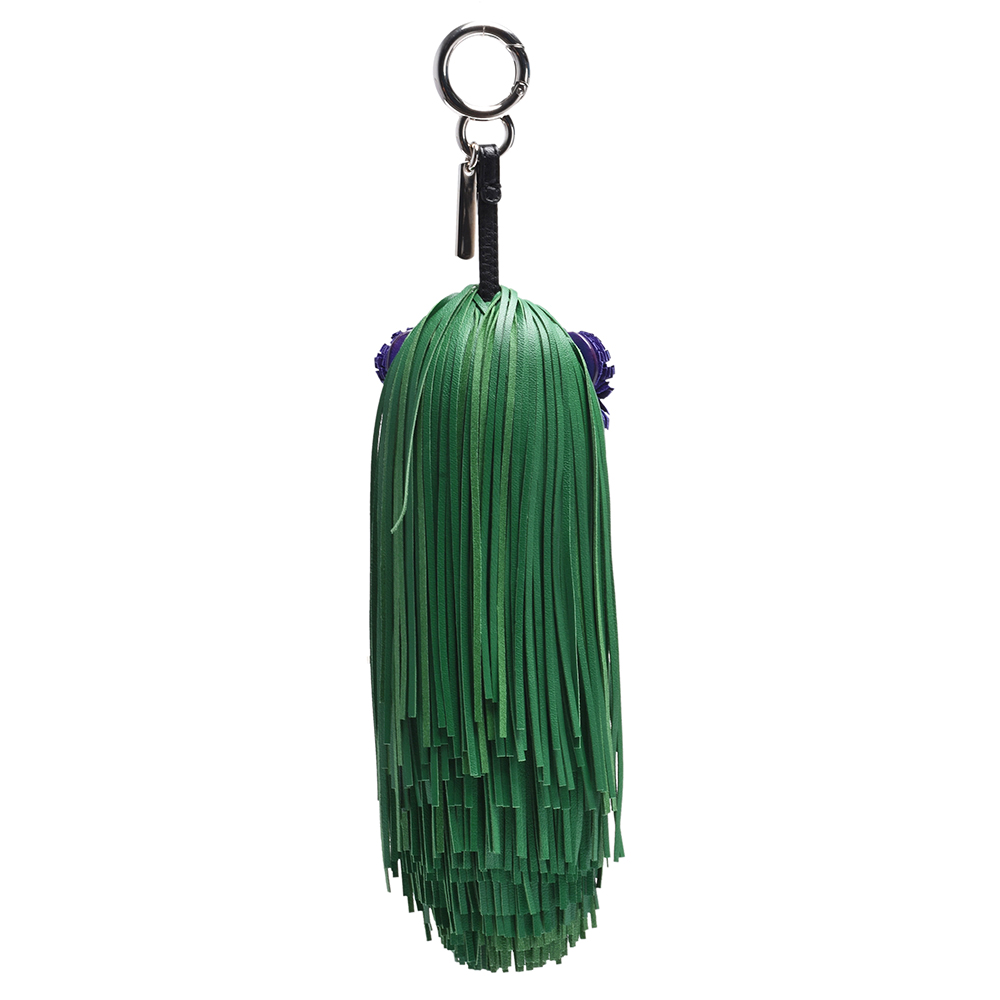 FENDI 芬迪 經典花朵眼睛皮革流蘇造型鑰匙圈/吊飾(綠色