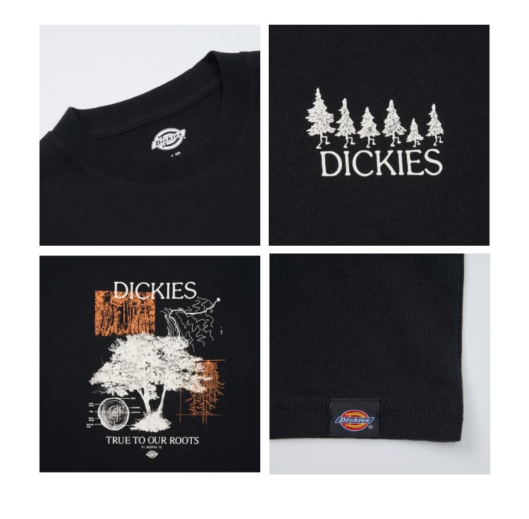 Dickies 男款黑色純棉正背雙面樹根圖案印花設計長袖T恤