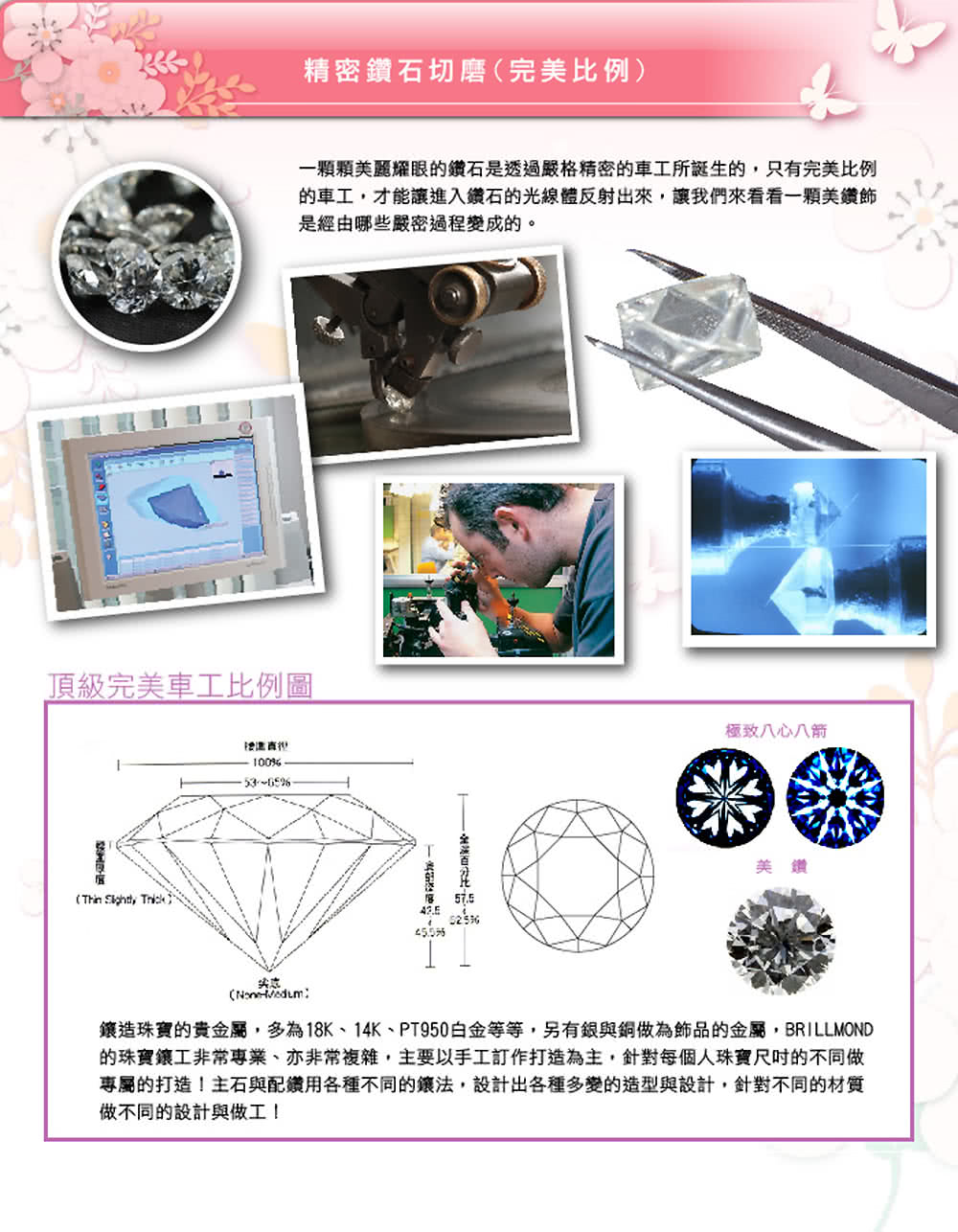 鑲造珠寶的貴金屬,多為18K、14K、 PT950白金等等,另有銀與銅做為飾品的金屬,BRILLMOND