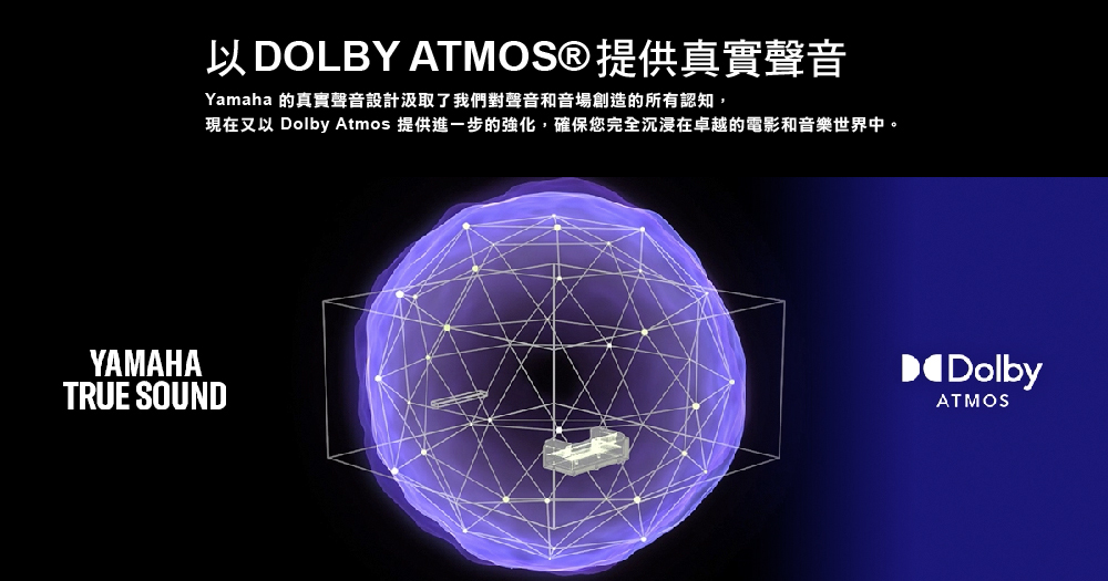 以DOLBY ATMOS提供真實聲音 Yamaha 的真實聲音設計汲取了我們對聲音和音場創造的所有認知, 現在又以 Dolby Atmos 提供進一步的強化,確保您完全沉浸在卓越的電影和音樂世界中。 