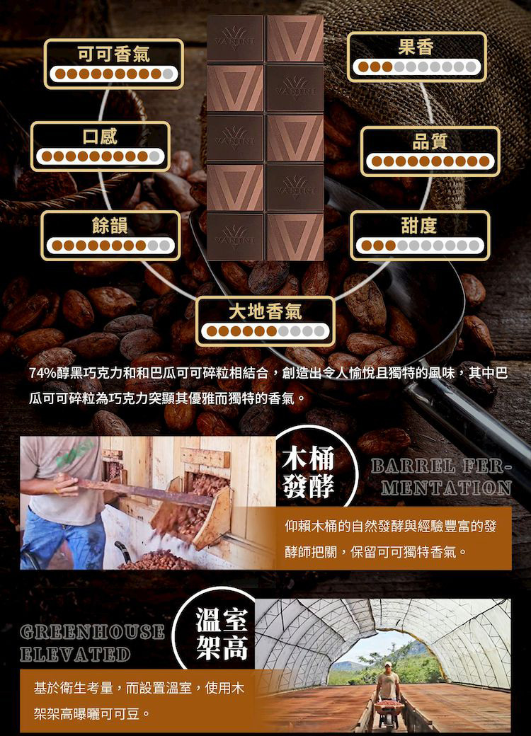 74%醇黑巧克力和和巴瓜可可碎粒相結合,創造出令人愉悅且獨特的風味,其中巴