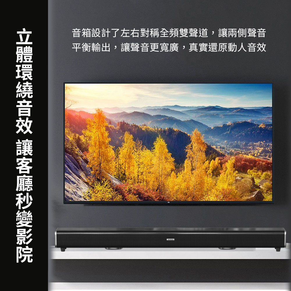 立體環繞音效 讓客廳秒變影院 音箱設計了左右對稱全頻雙聲道,讓兩側聲音 平衡輸出,讓聲音更寬廣,真實還原動人音效 