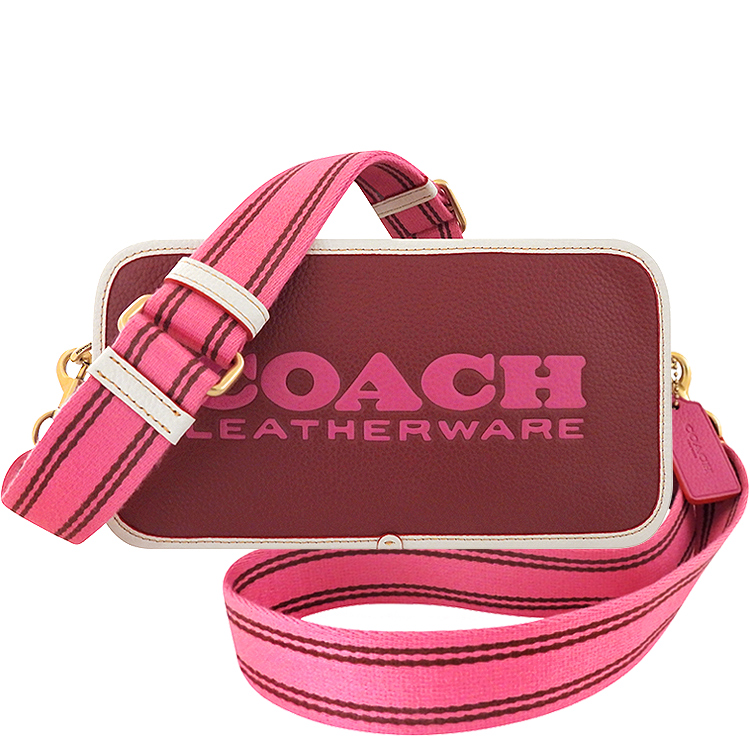 COACH 專櫃款荔枝紋皮革撞色斜背相機包-櫻桃紅色(買就送