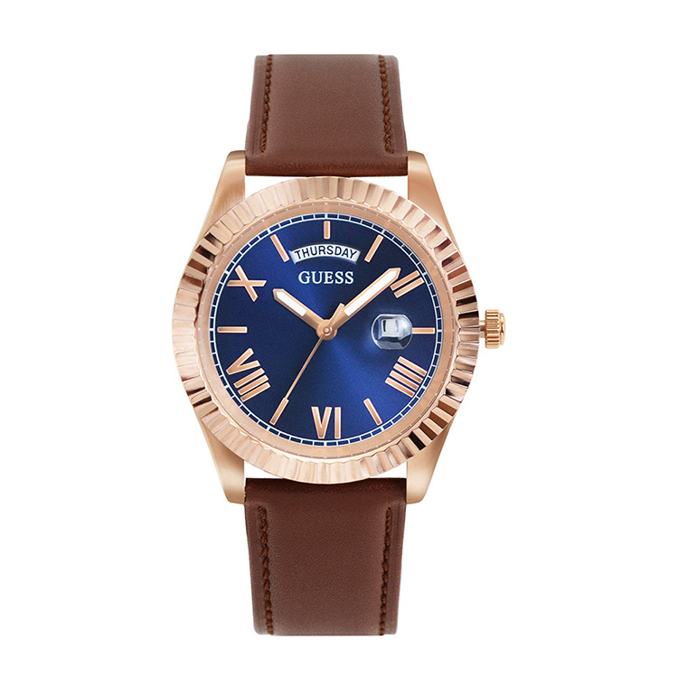 GUESS 玫瑰金框 藍面 羅馬刻度腕錶 棕色皮革錶帶 手錶