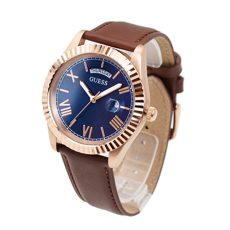 GUESS 玫瑰金框 藍面 羅馬刻度腕錶 棕色皮革錶帶 手錶
