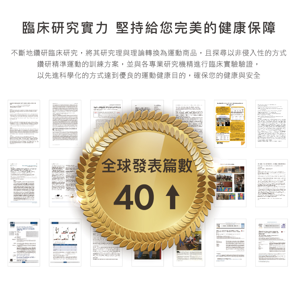 臨床研究實力 堅持給您完美的健康保障 不斷地鑽研臨床研究,將其研究理與理論轉換為運動商品,且探尋以非侵入性的方式 鑽研精準運動的訓練方案,並與各專業研究機精進行臨床實驗驗證, 以先進科學化的方式達到優良的運動健康目的,確保您的健康與安全 全球發表篇數 