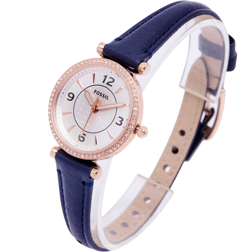 FOSSIL 甜美風格款錶框鑲鑽皮革錶帶手錶-銀色面x藍色系
