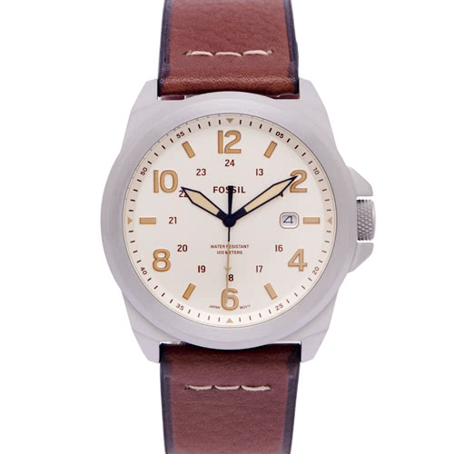 FOSSIL 復古簡約荔枝紋路皮革材質錶帶手錶--香檳色面x