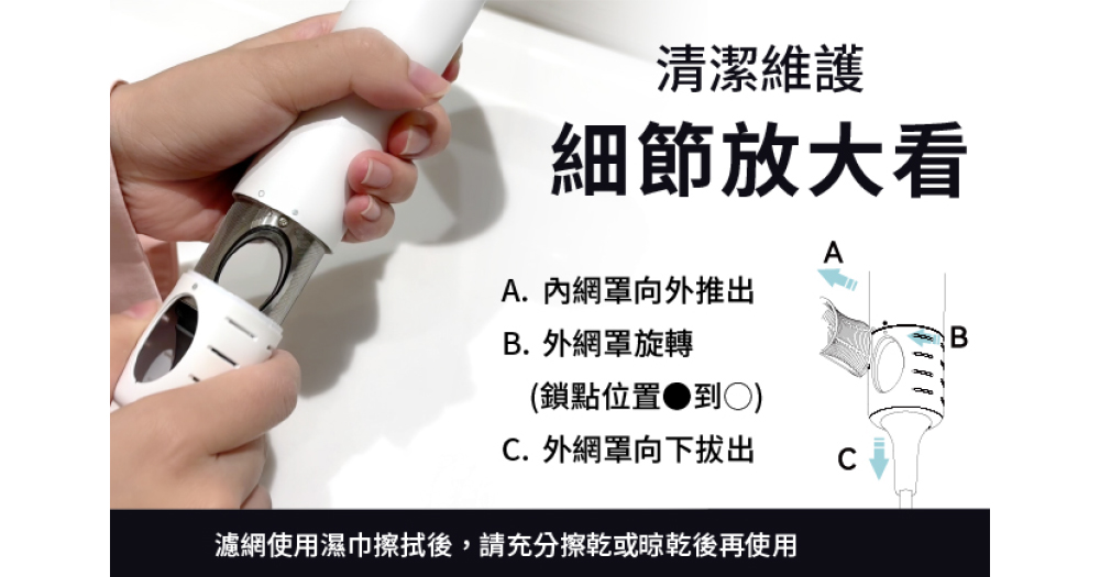 濾網使用濕巾擦拭後,請充分擦乾或晾乾後再使用