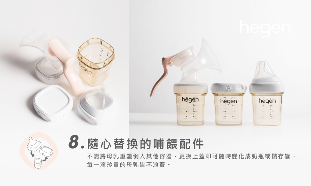 8.隨心替換的哺餵配件 不需將母乳重覆倒入其他容器,更換上蓋即可隨時變化成奶瓶或儲存罐, 每一滴珍貴的母乳皆不浪費。 