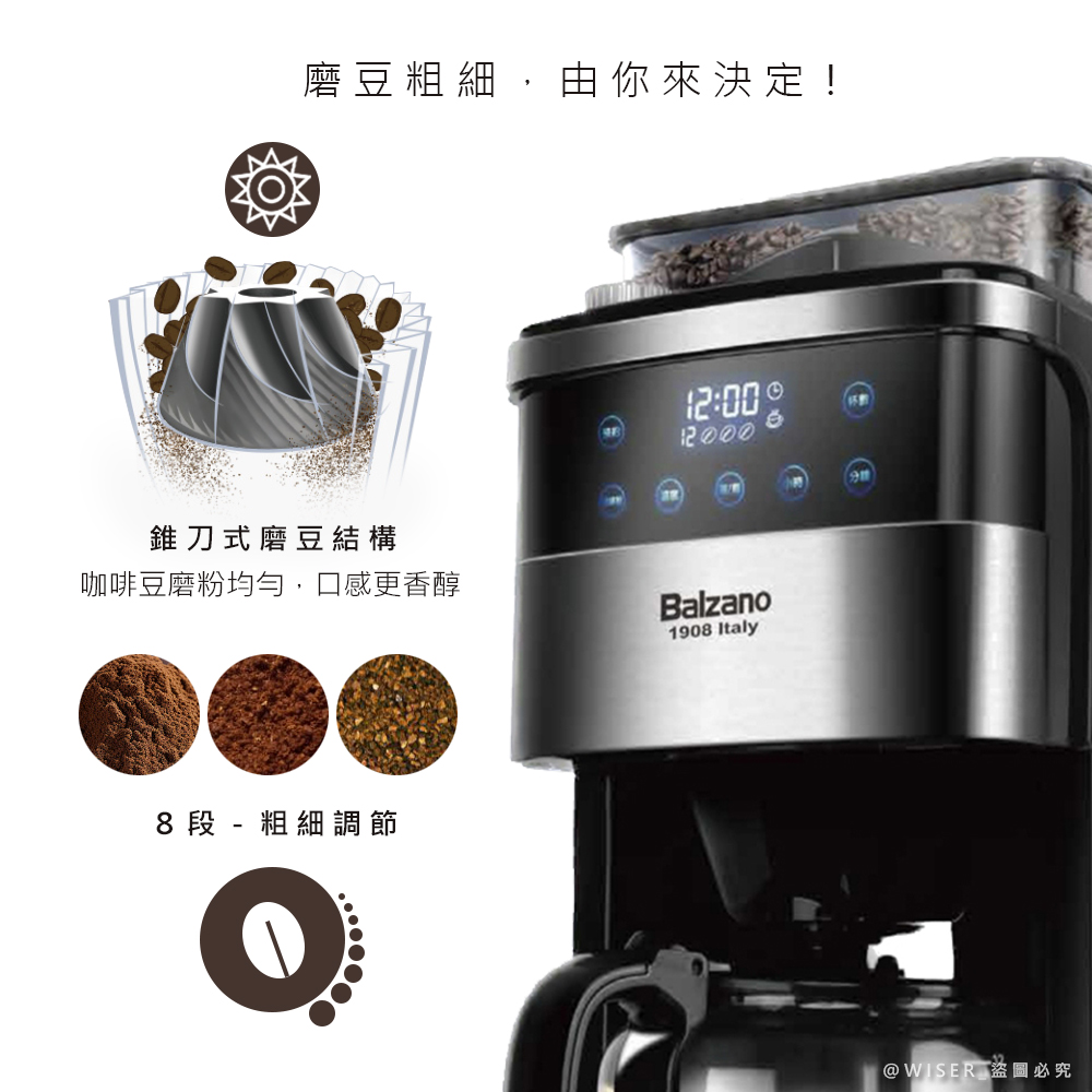 磨豆粗細,由你來決定 錐刀式磨豆結構 咖啡豆磨粉均勻,口感更香醇 8段  粗細調節 WISER盜圖必究 