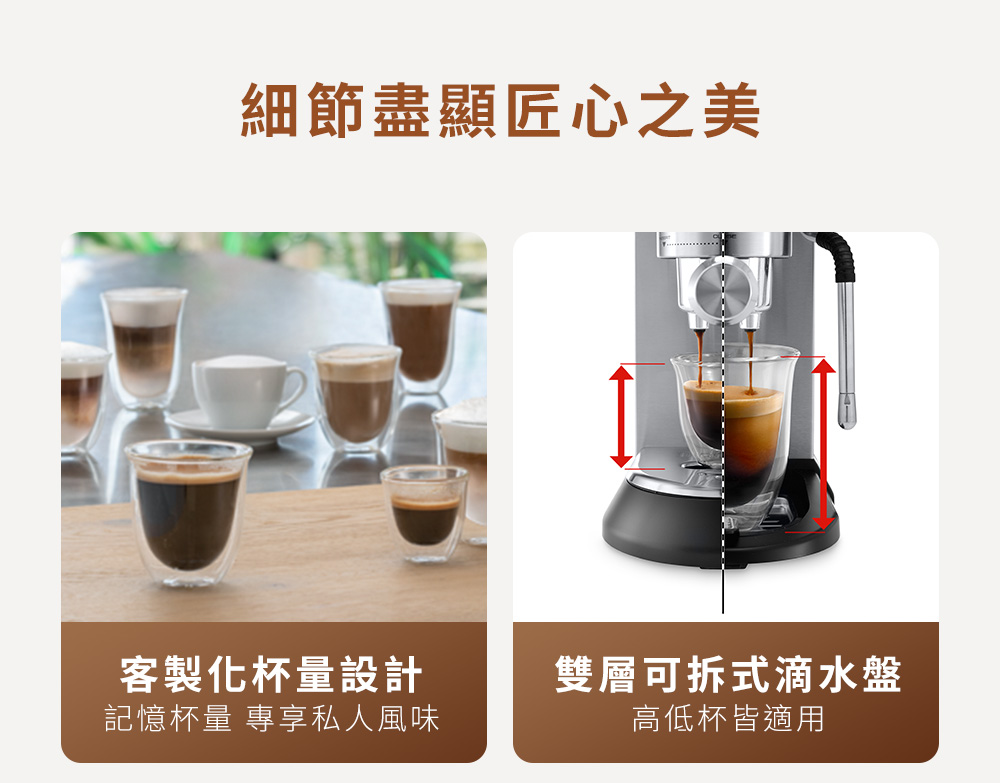 細節盡顯匠心之美 客製化杯量設計 記憶杯量 專享私人風味 雙層可拆式滴水盤 高低杯皆適用 