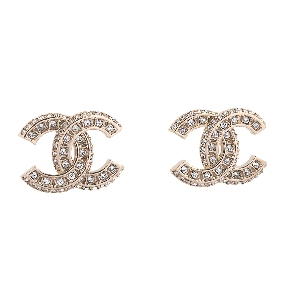 CHANEL 香奈兒 CC Logo 滿版水鑽鑲飾針式耳環(