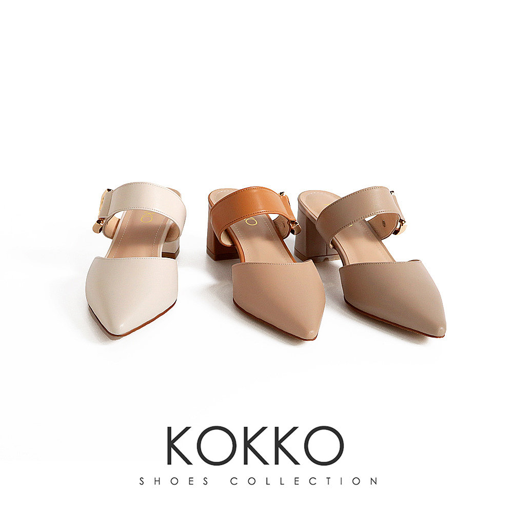 KOKKO 集團 優雅小姐尖頭粗高跟穆勒鞋(棕色) 推薦