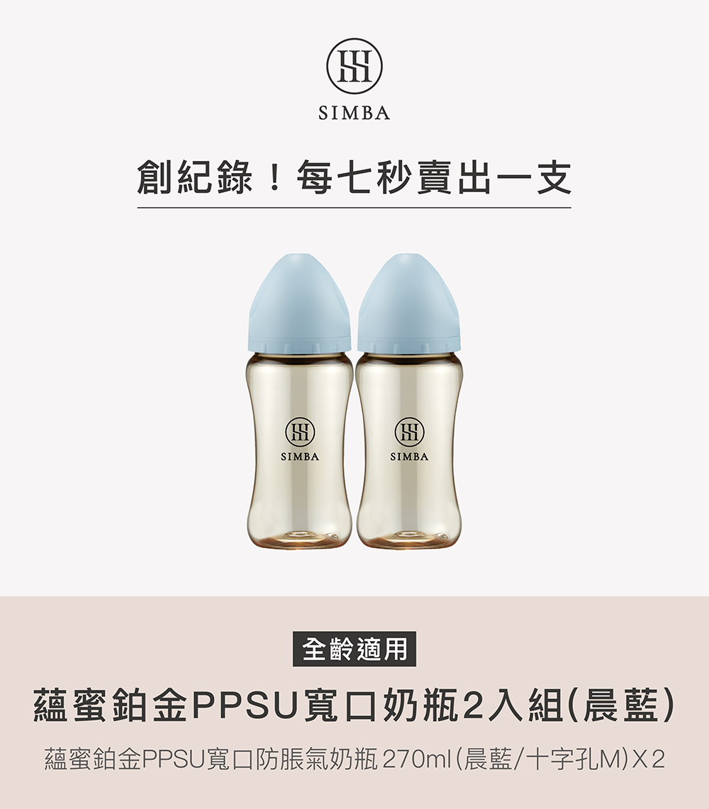 創紀錄每七秒賣出一支 全齡適用 蘊蜜鉑金PPSU寬口奶瓶2入組晨藍 蘊蜜鉑金PPSU寬口防脹氣奶瓶270ml晨藍十字孔MX2 