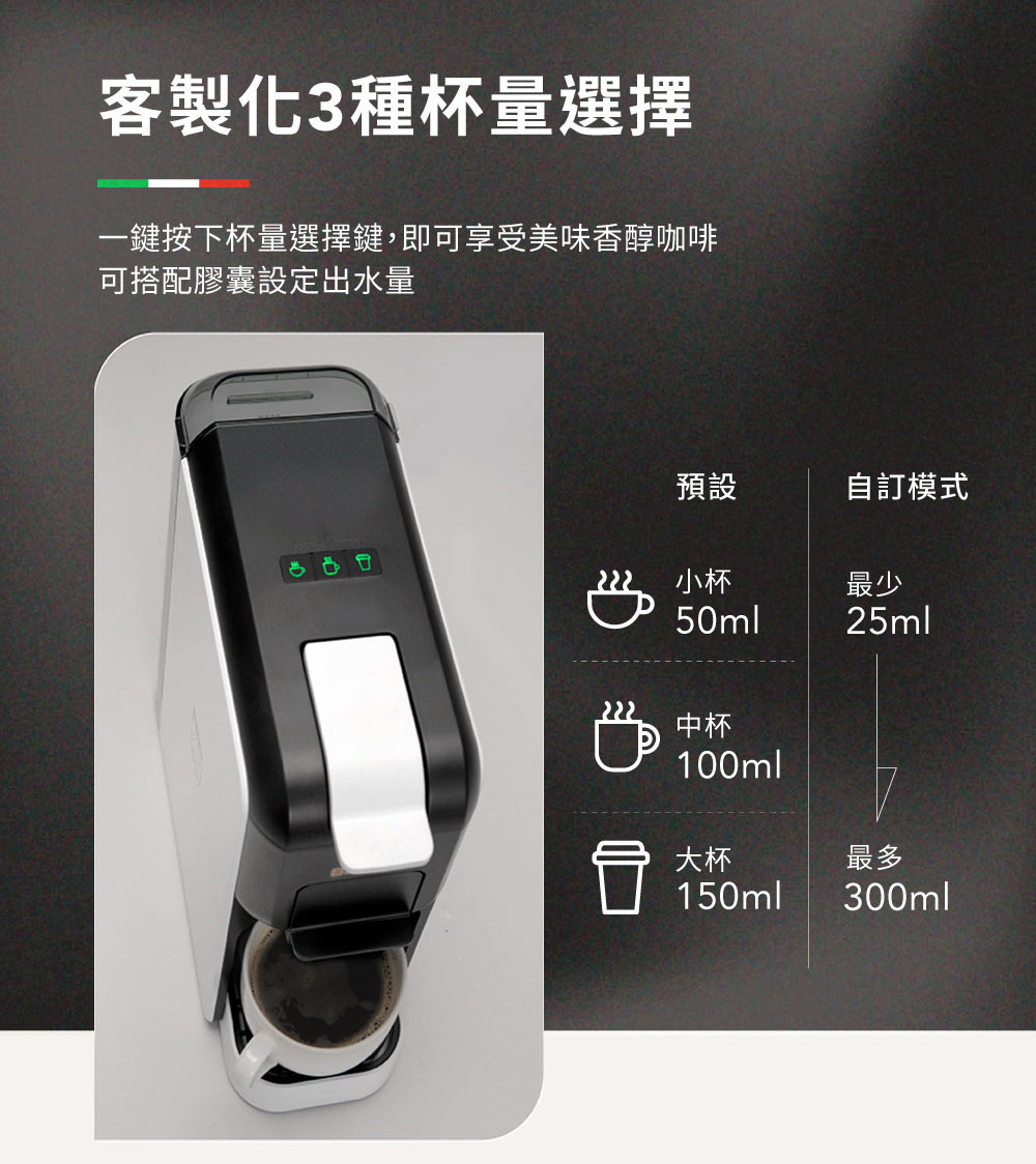 一鍵按下杯量選擇鍵,即可享受美味香醇咖啡