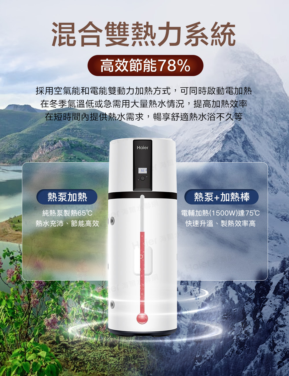 採用空氣能和電能雙動力加熱方式,可同時啟動電加熱
