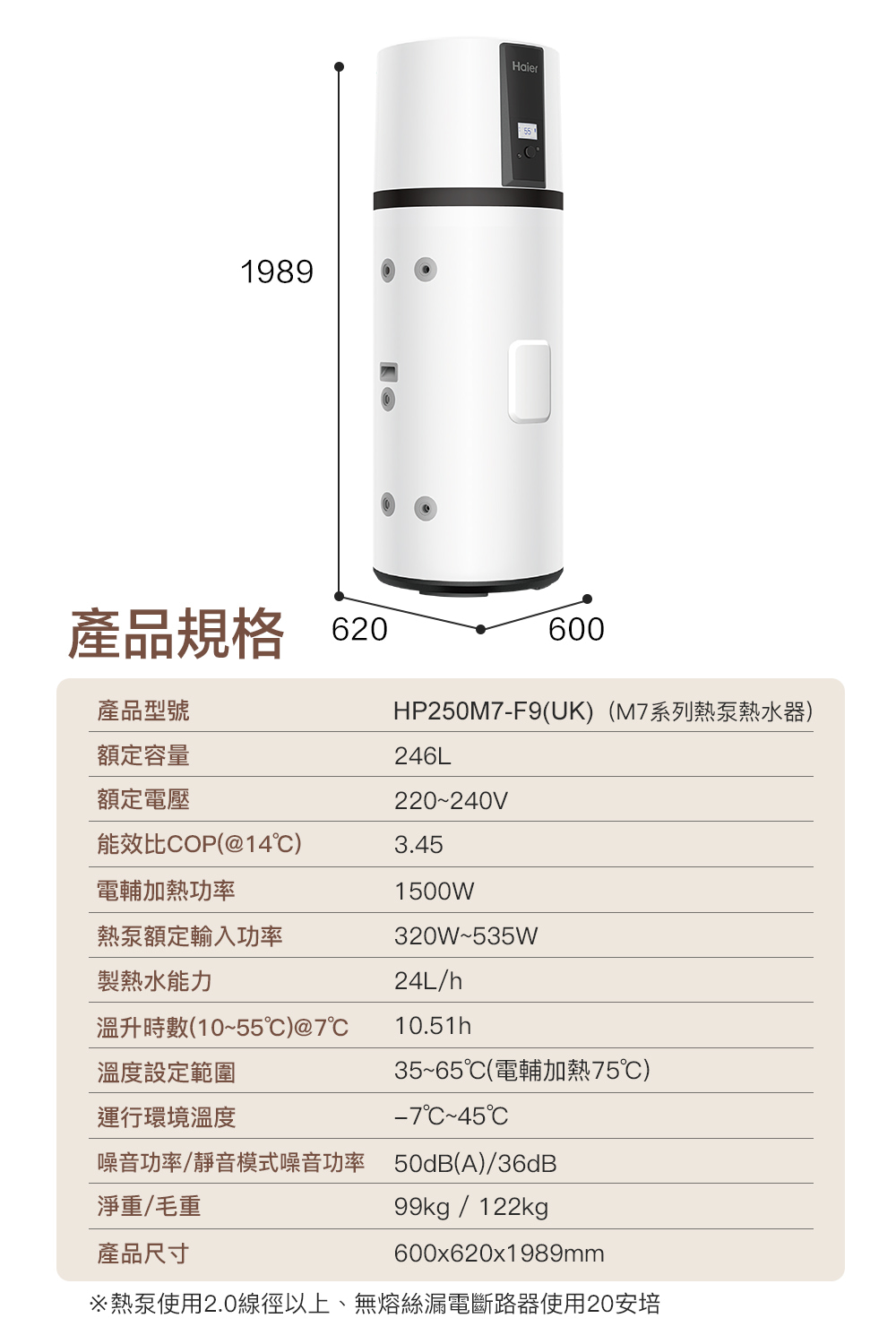 熱泵使用2.0線徑以上、無熔絲漏電斷路器使用20安培