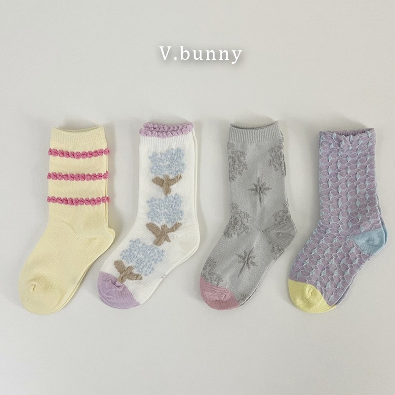 韓國 V.Bunny 女童兒童襪中筒襪4雙組 - 花朵花紋線