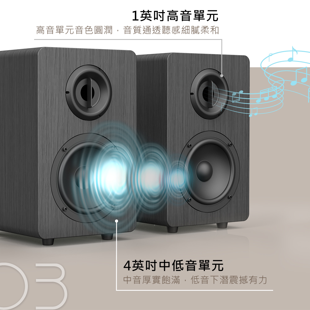 1英吋高音單元 高音單元音色圓潤,音質通透聽感細膩柔和 4英吋中低音單元 中音厚實飽滿,低音下潛震撼有力 