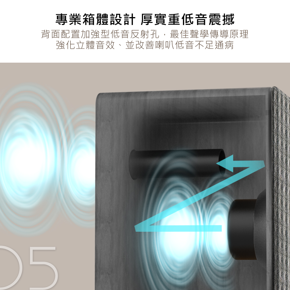 專業箱體設計 厚實重低音震撼 背面配置加強型低音反射孔,最佳聲學傳導原理 強化立體音效、並改善喇叭低音不足通病 