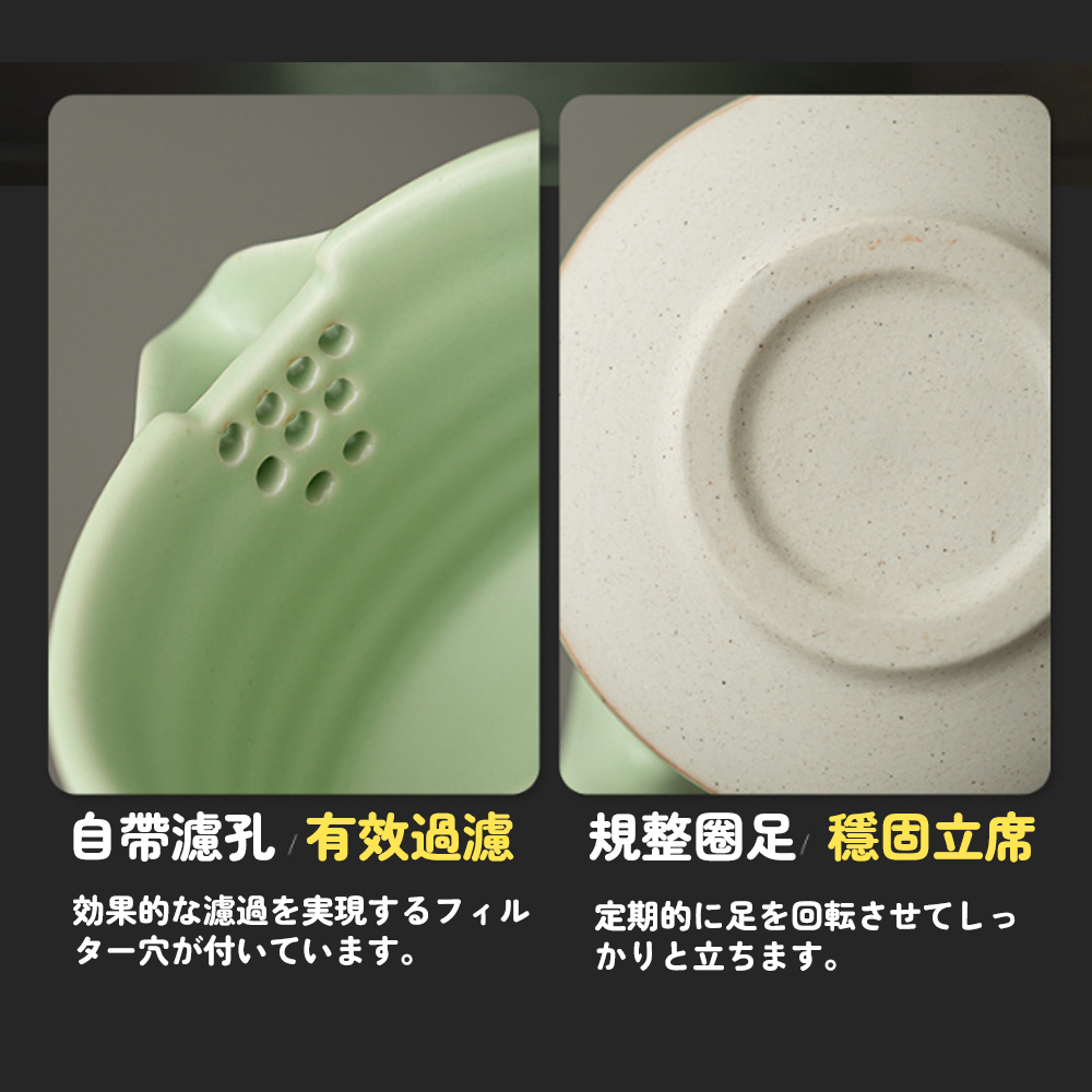 自帶濾孔 有效過濾規整圈足 穩固立席 効果的濾過実現 穴付。 定期的足回転 立。 