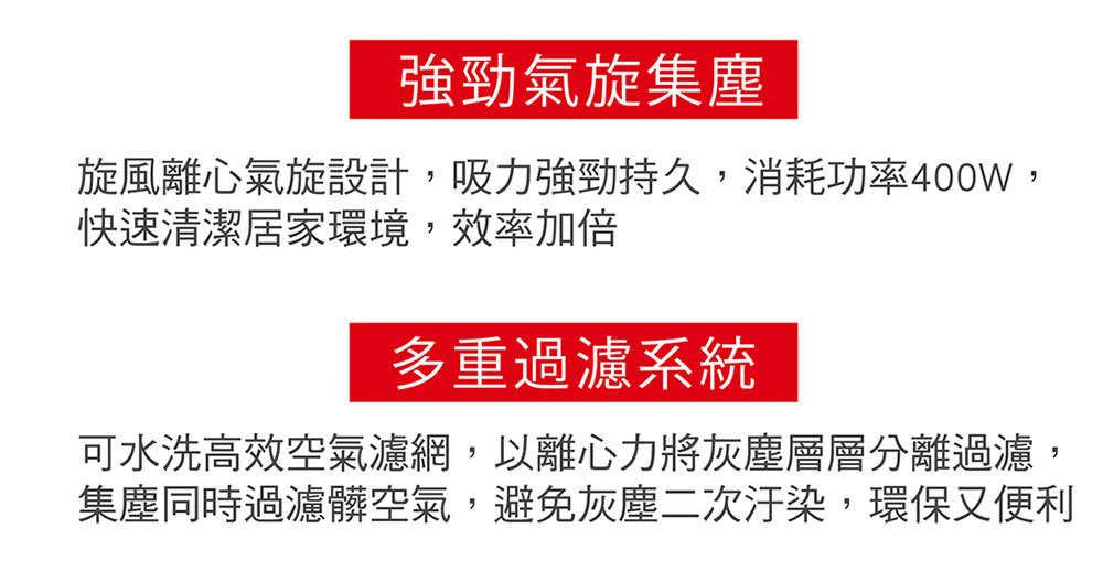 旋風離心氣旋設計,吸力強勁持久,消耗功率400w