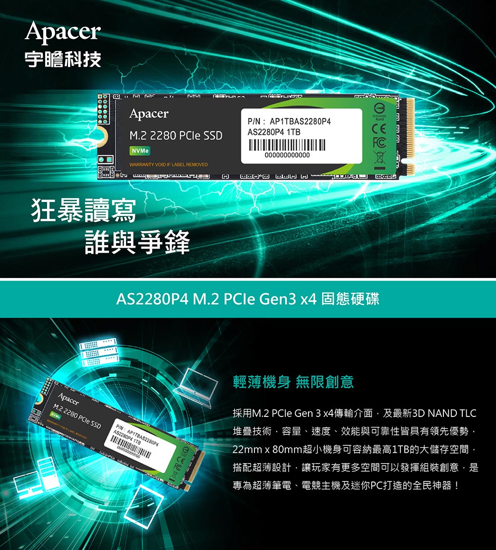 採用M.2 PCIe Gen3 x4傳輸介面,及最新3D NAND TLC
