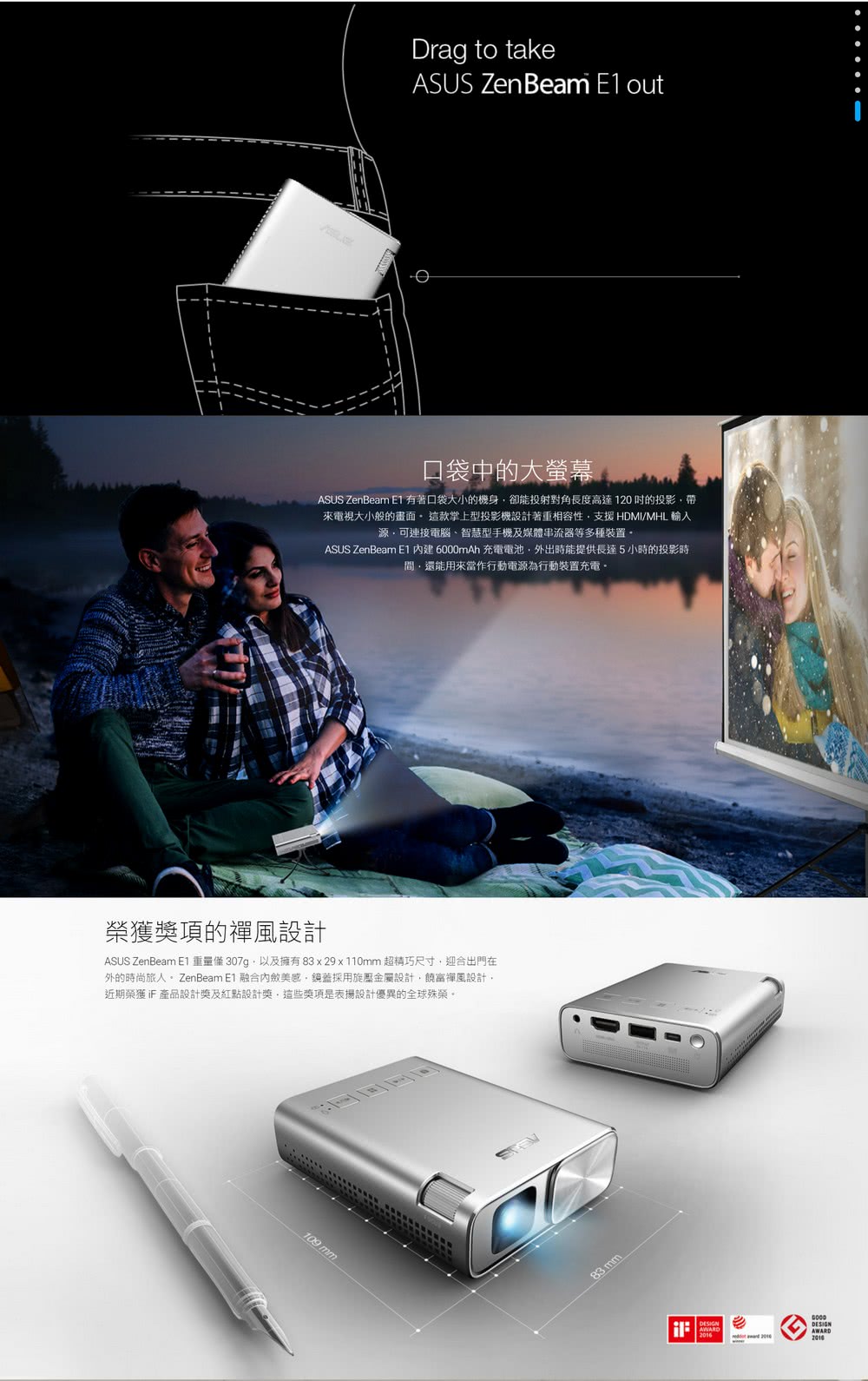 ASUS 華碩 ZenBeam E1 掌上式LED投影機 推