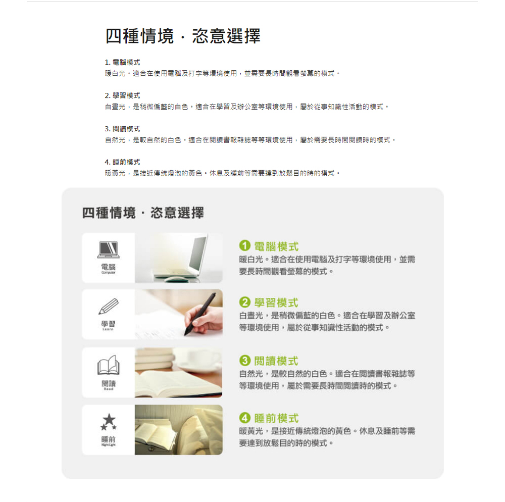 自然光,是較自然的白色,適合在閱請讀書報雜誌等等環境使用,屬於需要長時間閱讀時的模式,