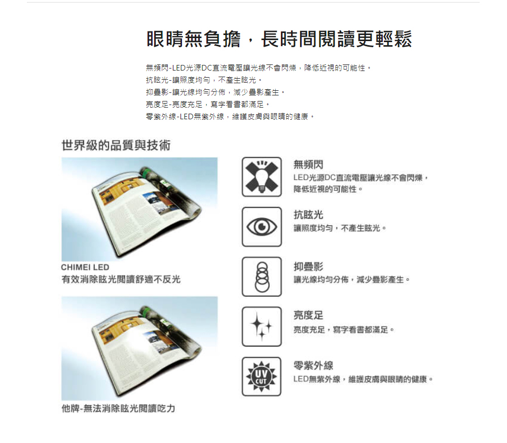 無頻閃LED光源DC直流電壓讓光線不會閃爍,降低近視的可能性。