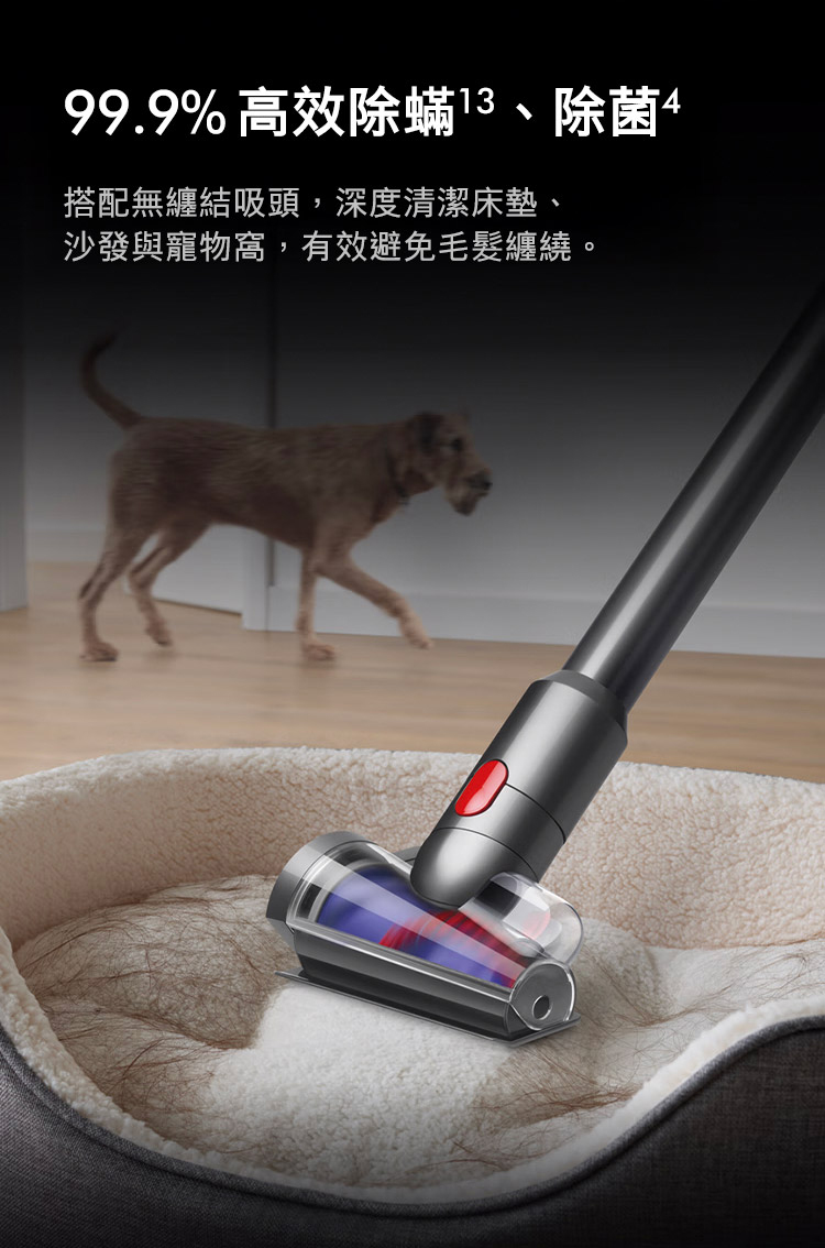 99.9% 高效除蟎13、除菌4 搭配無纏結吸頭,深度清潔床墊、 沙發與寵物窩,有效避免毛髮纏繞。 