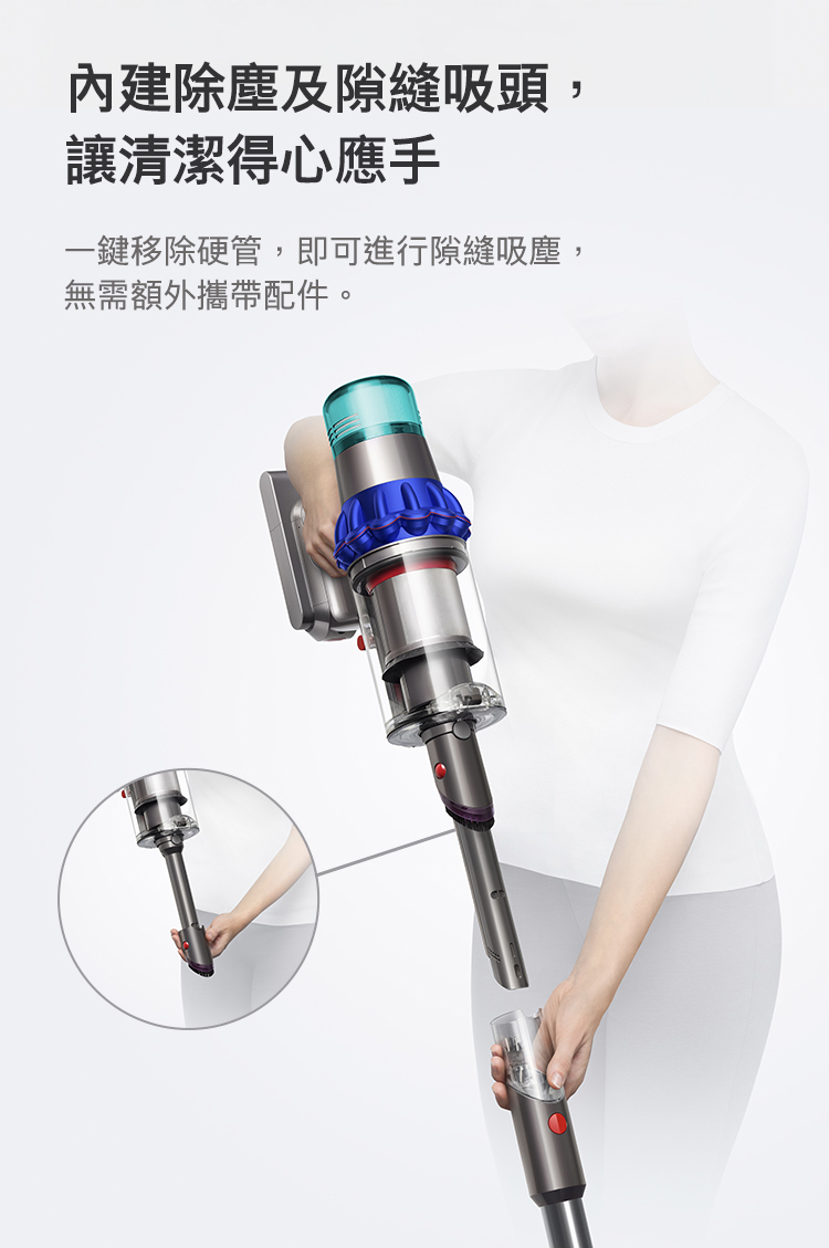 內建除塵及隙縫吸頭, 讓清潔得心應手 一鍵移除硬管,即可進行隙縫吸塵, 無需額外攜帶配件。 