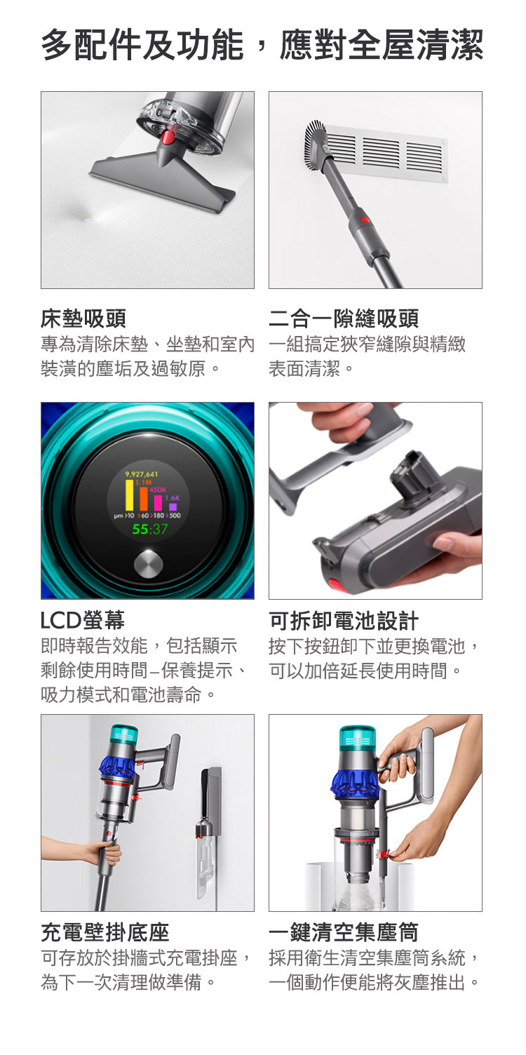 可存放於掛牆式充電掛座, 採用衛生清空集塵筒系統,
