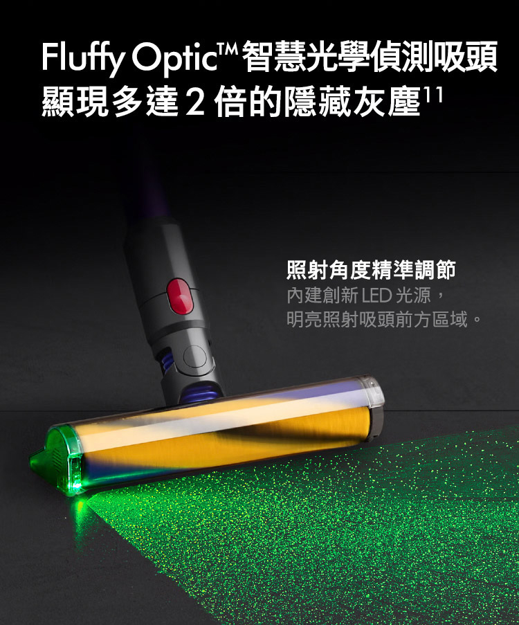 Fluffy Optic 智慧光學偵測吸頭 顯現多達2倍的隱藏灰塵 照射角度精準調節 內建創新 LED 光源, 明亮照射吸頭前方區域。 