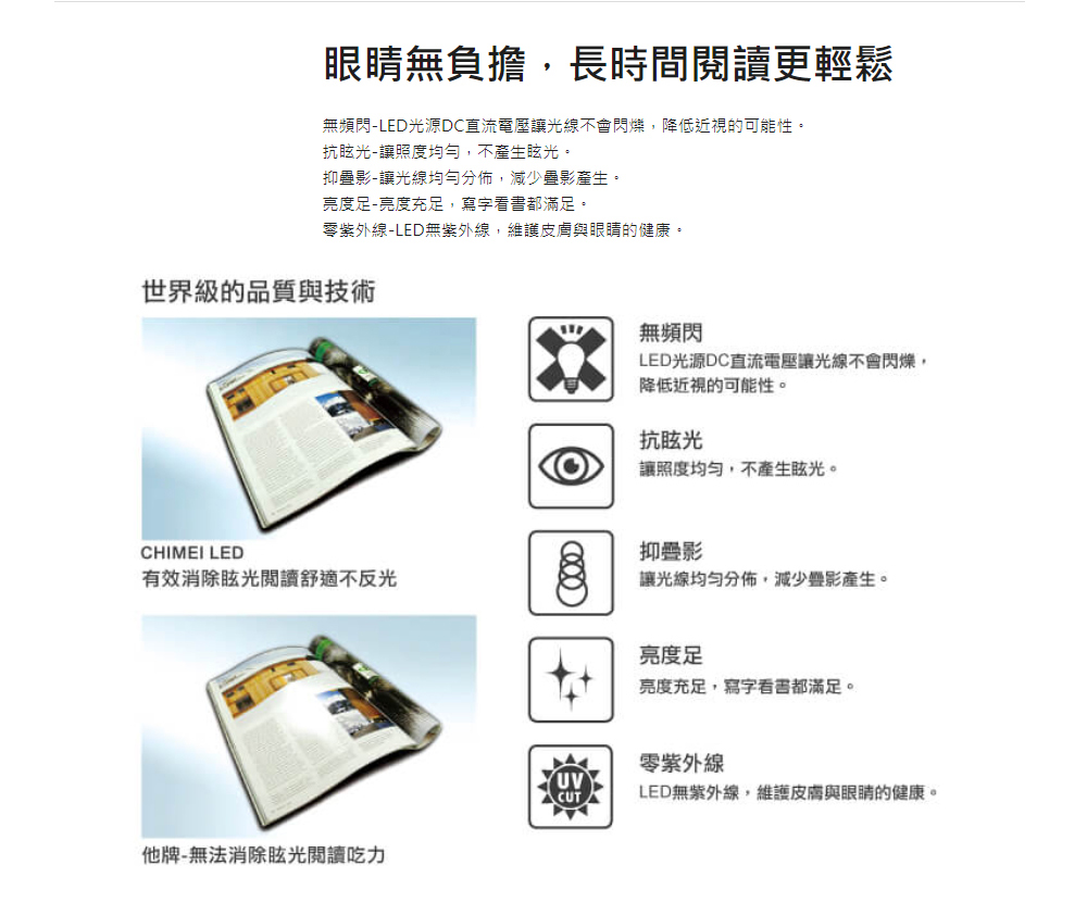 無頻閃LED光源DC直流電屋讓光線不會閃爍,降低近視的可能性。