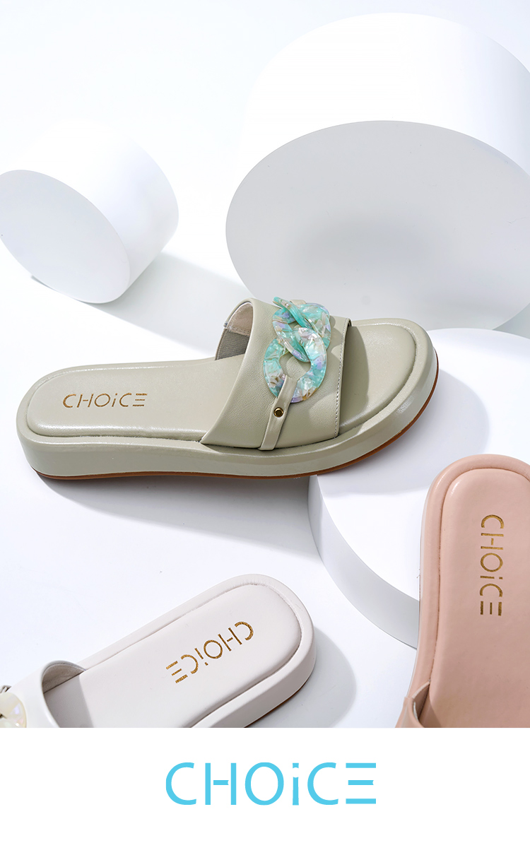 CHOiCE 貝殼光感飾釦牛皮平底拖鞋(綠色)品牌優惠