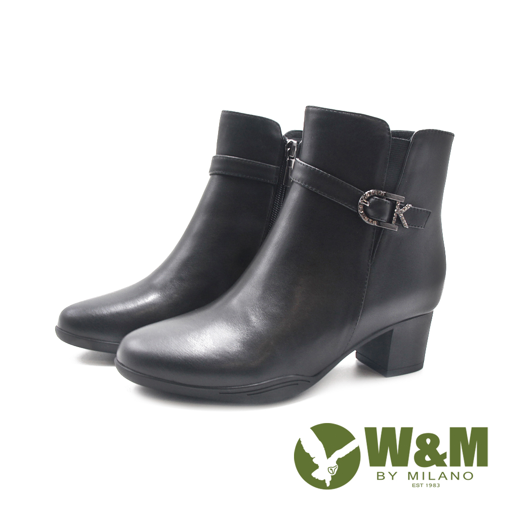 W&M 女 造型鑽飾皮釦拉鍊短靴 女鞋(黑色)折扣推薦