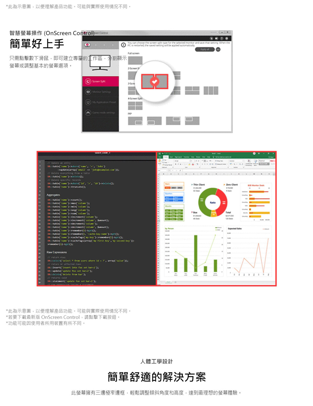 此螢幕擁有三邊極窄邊框,輕鬆調整傾斜角度和高度,達到最理想的螢幕體驗。